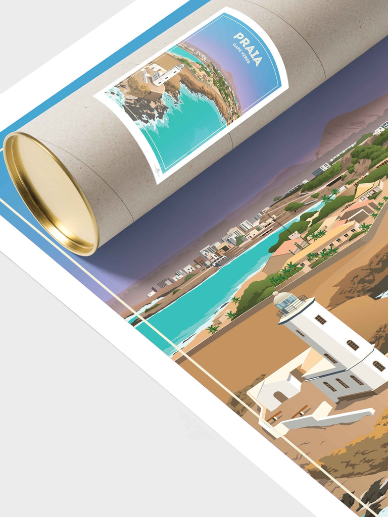 Praia Cape Verde Travel Poster Print beach decor bedroom wall art birthday present calming wall art cape verde cape verde art coastal wall art framed gift idea housewarming gift lighthouse print living room art minimalist decor modern art print new office decor pastel colour art praia cape verde travel poster print praia poster sea view poster travel home decor travel poster turquoise sea with pastel blue and lavender sky