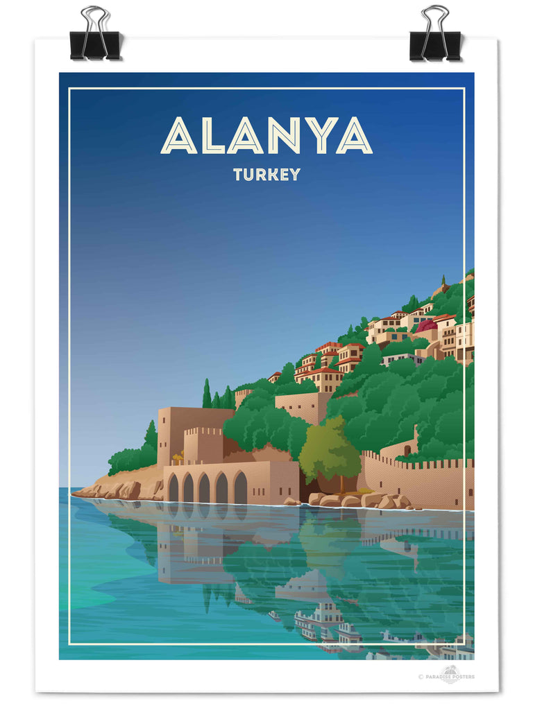 Alanya Castle Paradise Posters Travel Poster Print architecture blue castle coast fortress framed greenery hillside historic houses mediterranean new reflection sea shoreline sky towers Turkey walls water