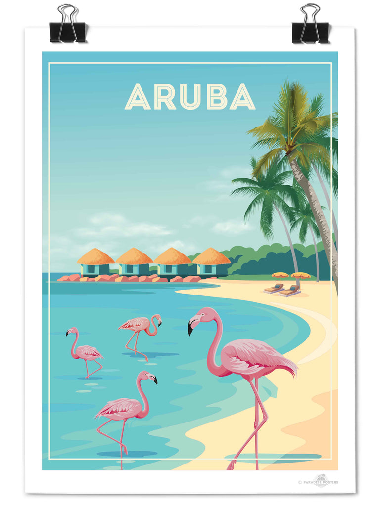 Aruba Travel Poster Print aruba Caribbean coast exotic flamingos framed huts lagoon new ocean palm paradise resort sand shoreline sunbeds trees tropical umbrellas water