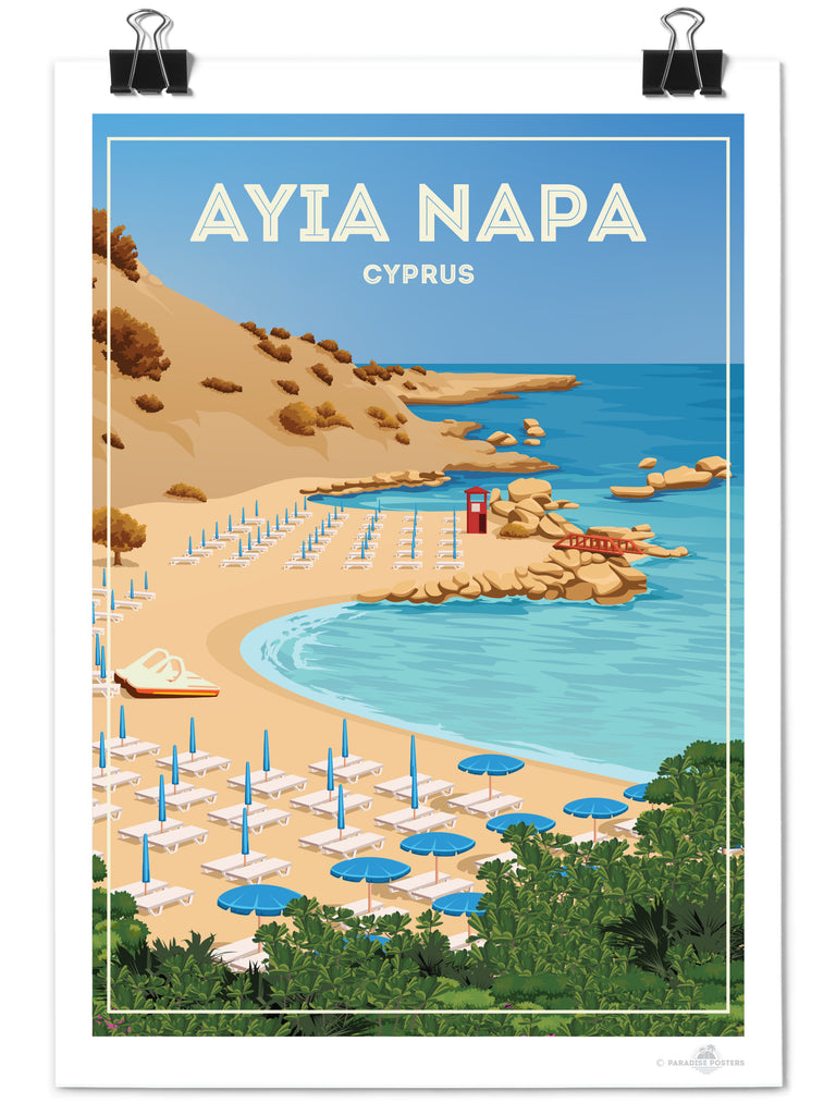 Ayia Napa Cyprus Travel Poster Print ayia bay beach cliffs coast framed greenery hut lifeguard napa new ocean resort rocks sand sea shoreline summer sunbeds umbrellas
