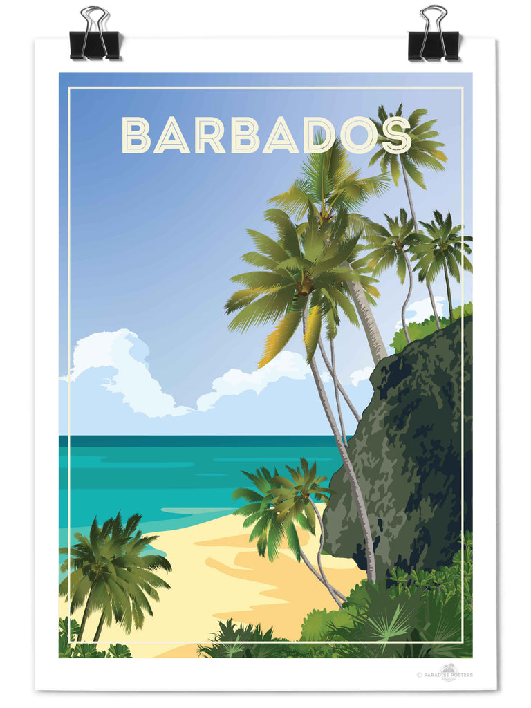 Barbados Travel Poster Print beach cliff clouds coast exotic framed greenery horizon jungle new ocean palm paradise sand sea shoreline sky trees tropical