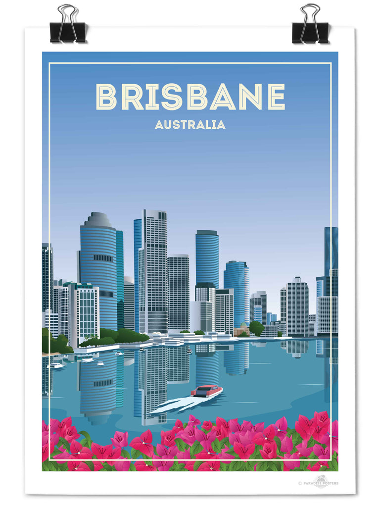 Brisbane Australia Travel Poster Print architecture blue boat brisbane buildings cityscape flowers framed modern new pink reflection river skyline skylineview skyscrapers tropical urban waterfront
