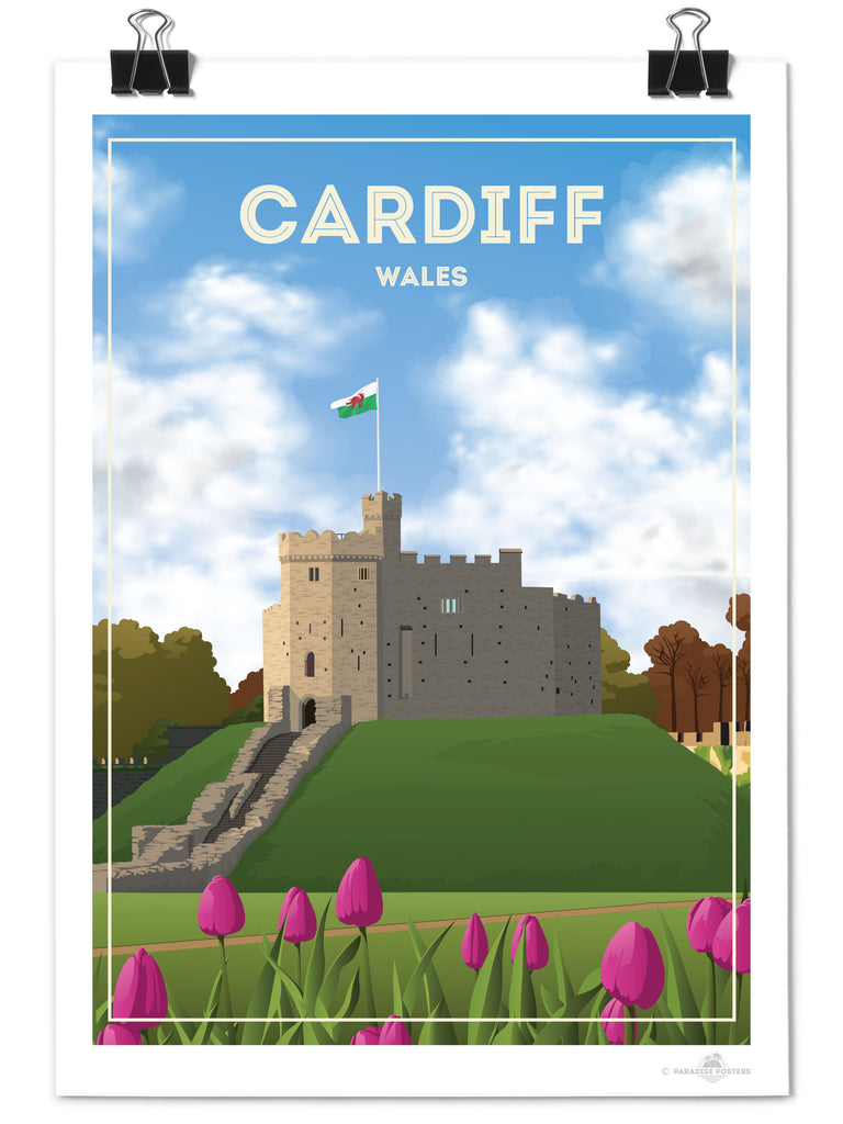 Cardiff Wales Travel Poster Print architecture cardiff castle clouds flag flowers fortress framed grass heritage hill historic landmark medieval new sky stone tower tulips welsh