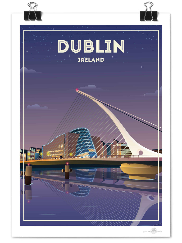 Dublin Ireland Travel Poster Print architecture bridge cables cityscape dublin evening framed illuminated ireland landmark lights modern new night reflection river skyline stars urban waterfront