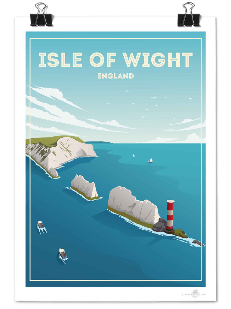 Isle of Wight England Travel Poster Print birds boats cliffs clouds coast coastline England framed headland isle lighthouse nature nautical new ocean rocks sea sky United Kingdom water waves wight