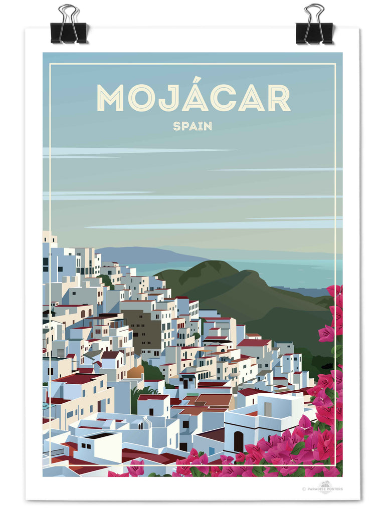 Mojácar Spain Travel Poster Print architecture bougainvillea coastal flowers framed hillside houses mediterranean mojacar mountains new pink rooftops scenic sky sunlight town village white
