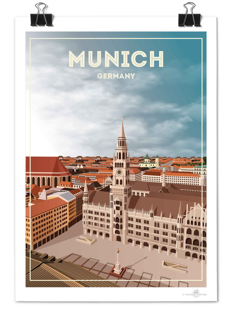 Munich Germany Travel Poster Print aerial architecture buildings cathedral cityscape clocktower clouds Europe european framed Germany historic landmark munich new old plaza rooftops skyline spire square tower