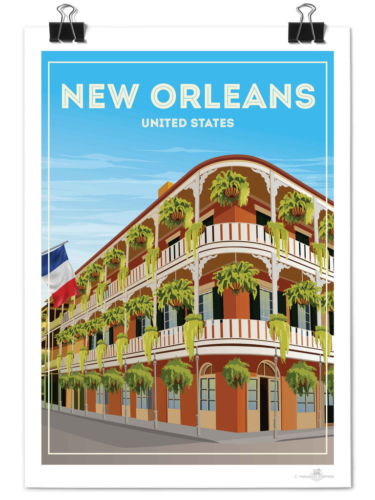 New Orleans United States Travel Poster Print architecture balcony building cityscape colonial corner ferns flag framed french historic new orleans plants quarter railings shutters street United States vintage windows