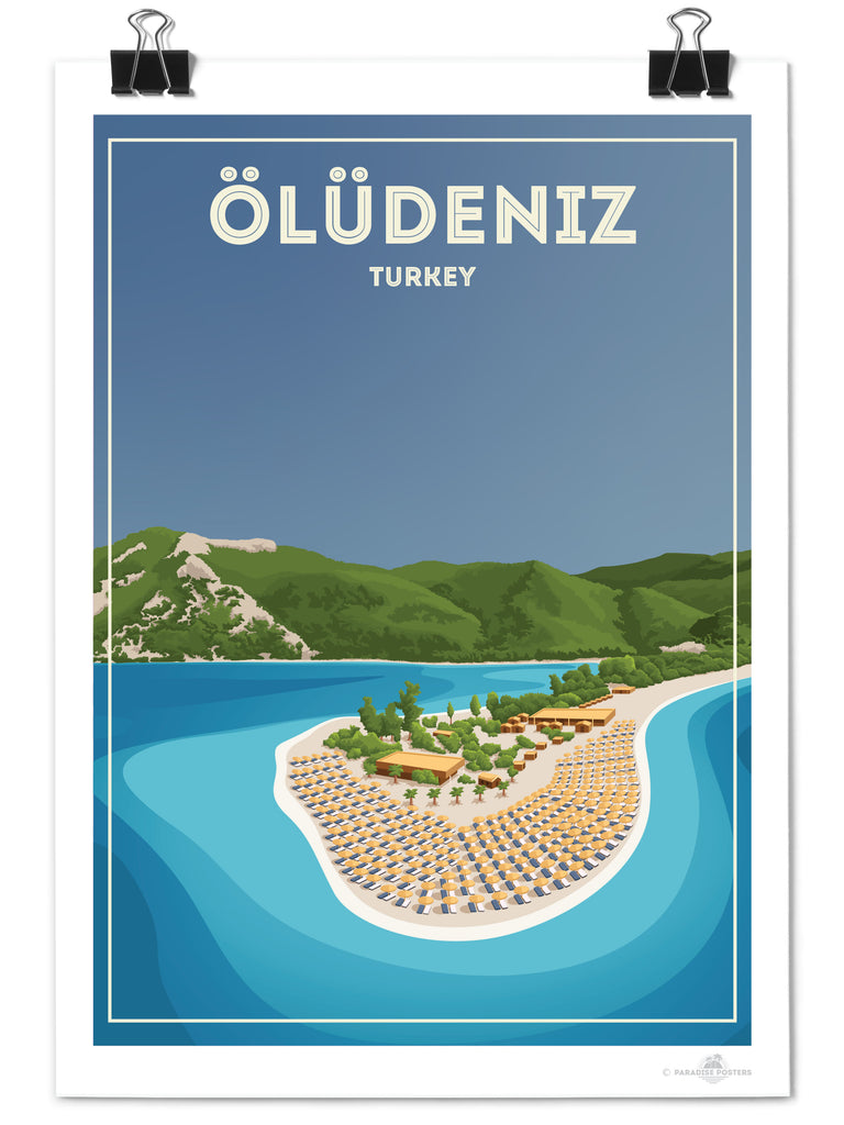 Oludeniz Turkey Travel Poster Print bay beach coastline framed greenery hills lagoon mountains new ocean oludeniz resort sand sea shoreline sunbeds tropical umbrellas water
