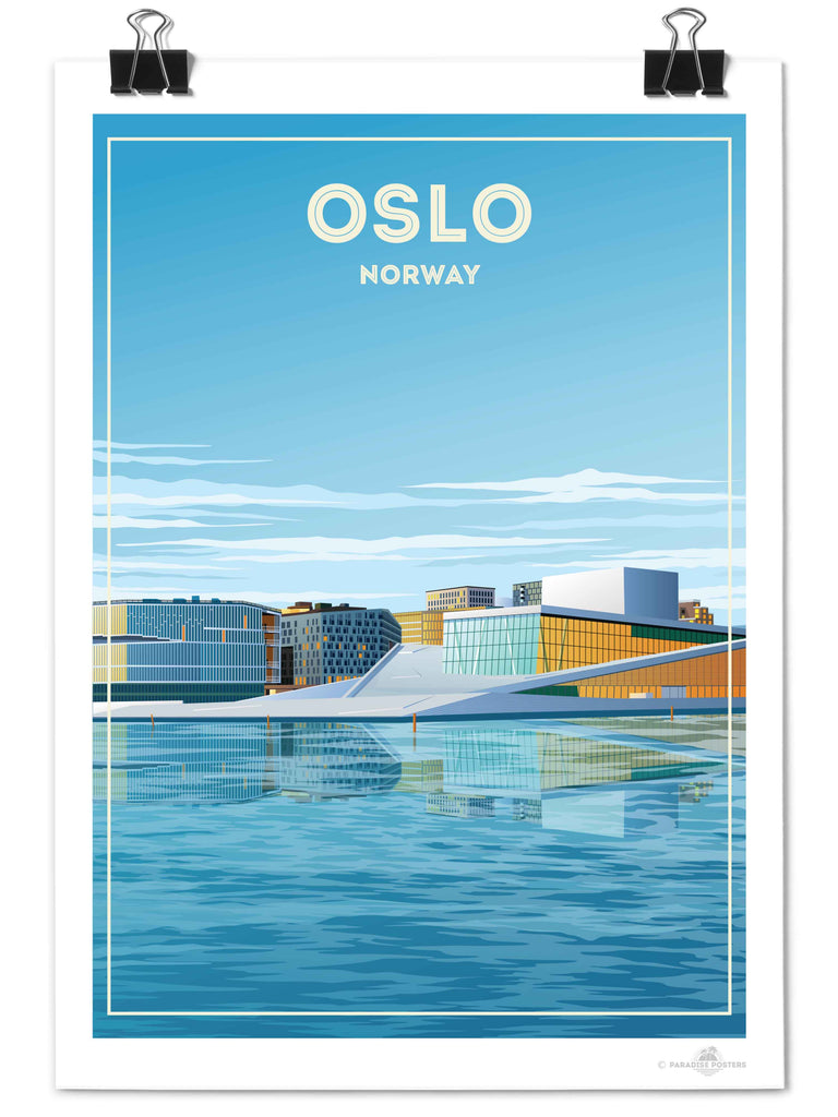 Oslo Norway Travel Poster Print architecture blue buildings cityscape contemporary framed glass harbour house modern new Norway opera oslo reflection sky skyline urban water waterfront