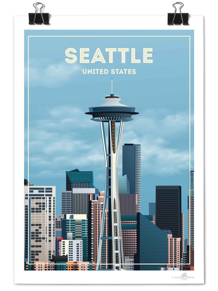 Seattle United States Travel Poster Print architecture buildings cityscape clouds downtown framed landmark metropolitan modern new seattle sky skyline skyscrapers spaceneedle states tower united urban usa