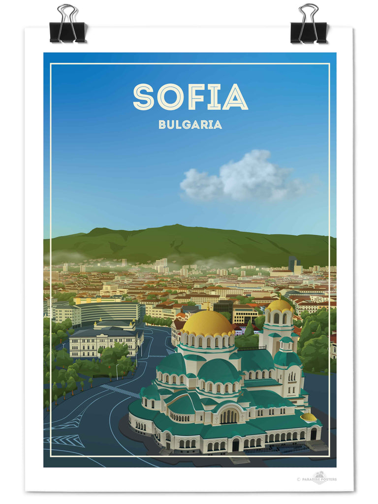 Sofia Bulgaria Travel Poster Print architecture bulgaria capital cathedral church cityscape clouds domes Europe framed gold green hills historic landmark mountains new orthodox skyline sofia square
