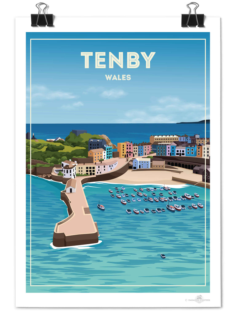 Tenby Wales Travel Poster Print boats buildings cliffs coastline colourful framed harbour headland houses marina new ocean pier sea seaside sky tenby town Wales water