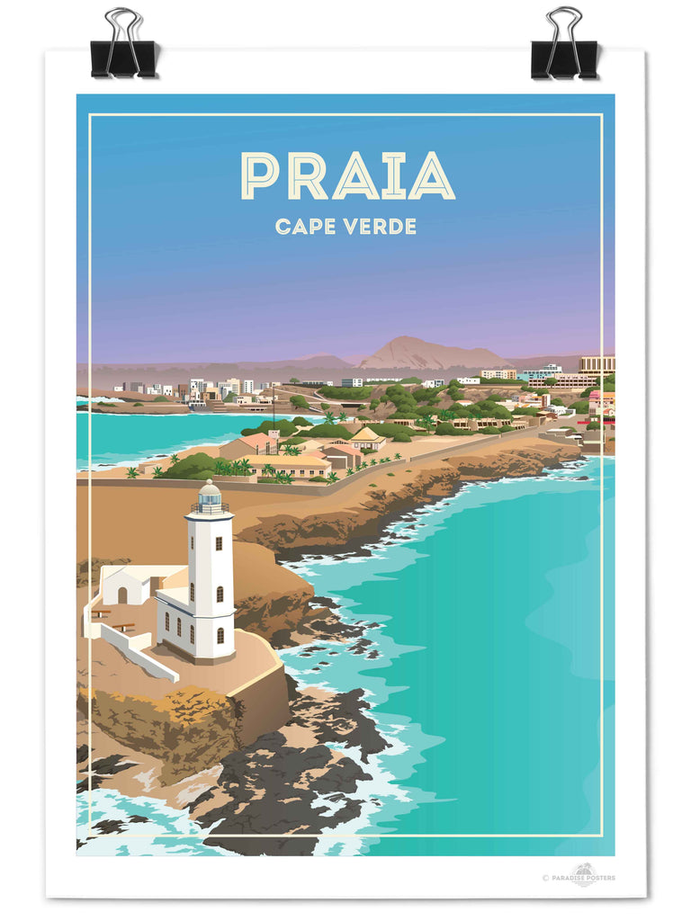 Praia Cape Verde Travel Poster Print beach decor bedroom wall art birthday present calming wall art cape verde cape verde art coastal wall art framed gift idea housewarming gift lighthouse print living room art minimalist decor modern art print new office decor pastel colour art praia cape verde travel poster print praia poster sea view poster travel home decor travel poster turquoise sea with pastel blue and lavender sky