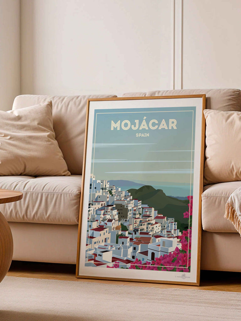 Mojácar Spain Travel Poster Print architecture bougainvillea coastal flowers framed hillside houses mediterranean mojacar mountains new pink rooftops scenic sky sunlight town village white