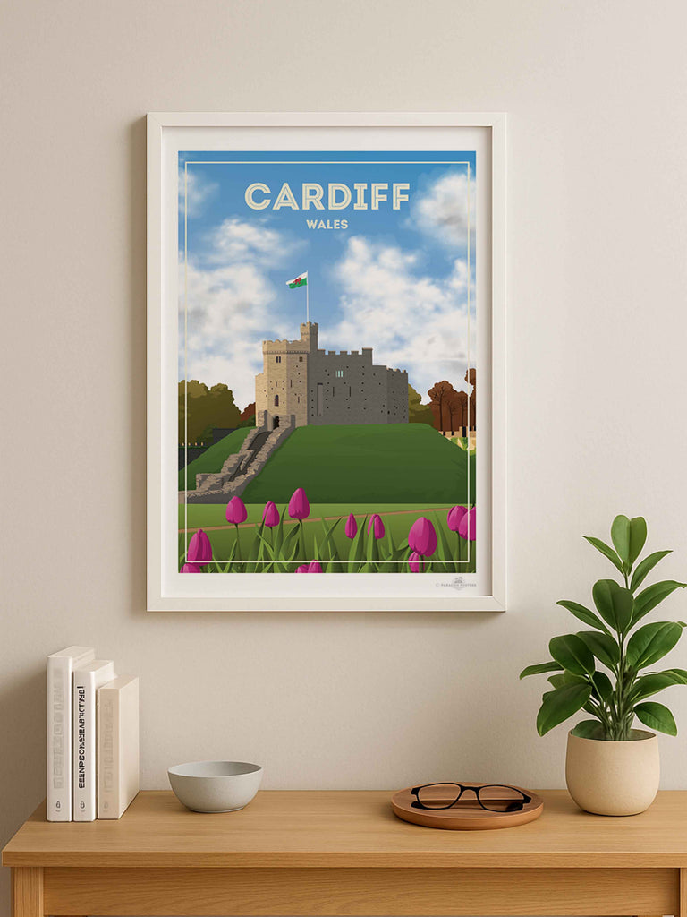 Cardiff Wales Travel Poster Print architecture cardiff castle clouds flag flowers fortress framed grass heritage hill historic landmark medieval new sky stone tower tulips welsh