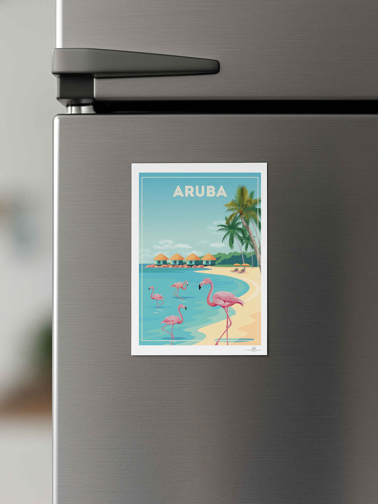 Aruba Travel Poster Print aruba Caribbean coast exotic flamingos framed huts lagoon new ocean palm paradise resort sand shoreline sunbeds trees tropical umbrellas water