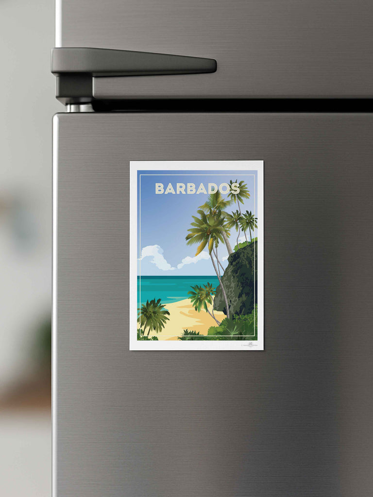 Barbados Travel Poster Print beach cliff clouds coast exotic framed greenery horizon jungle new ocean palm paradise sand sea shoreline sky trees tropical