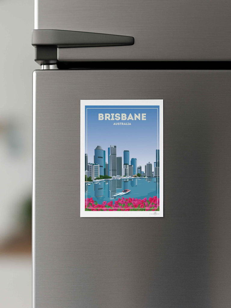 Brisbane Australia Travel Poster Print architecture blue boat brisbane buildings cityscape flowers framed modern new pink reflection river skyline skylineview skyscrapers tropical urban waterfront