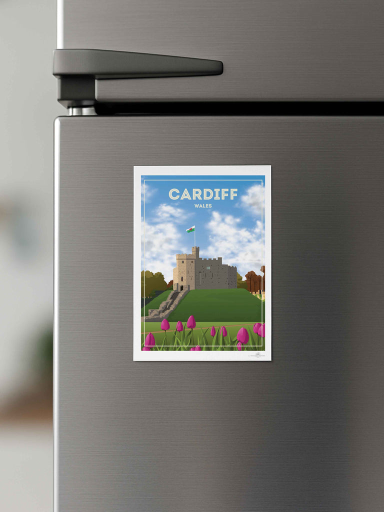 Cardiff Wales Travel Poster Print architecture cardiff castle clouds flag flowers fortress framed grass heritage hill historic landmark medieval new sky stone tower tulips welsh