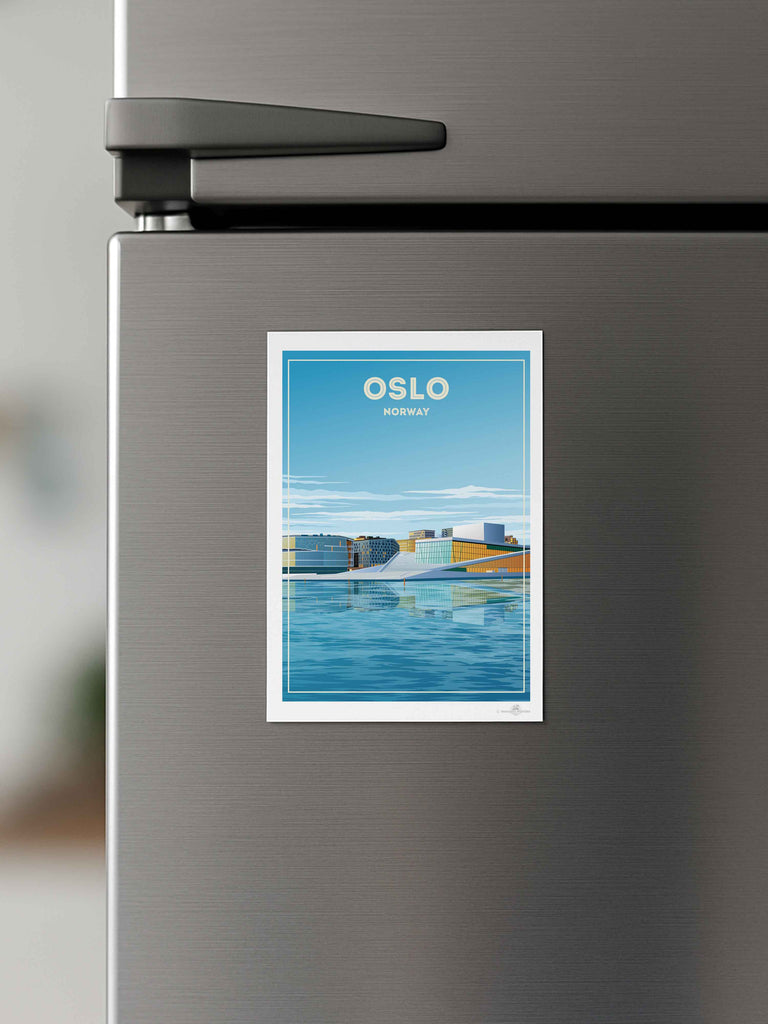 Oslo Norway Travel Poster Print architecture blue buildings cityscape contemporary framed glass harbour house modern new Norway opera oslo reflection sky skyline urban water waterfront