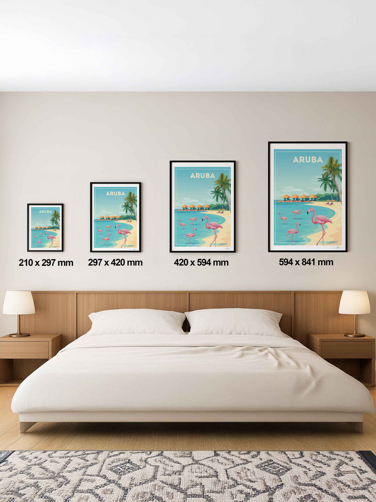 Aruba Travel Poster Print aruba Caribbean coast exotic flamingos framed huts lagoon new ocean palm paradise resort sand shoreline sunbeds trees tropical umbrellas water