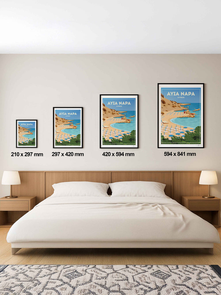 Ayia Napa Cyprus Travel Poster Print ayia bay beach cliffs coast framed greenery hut lifeguard napa new ocean resort rocks sand sea shoreline summer sunbeds umbrellas