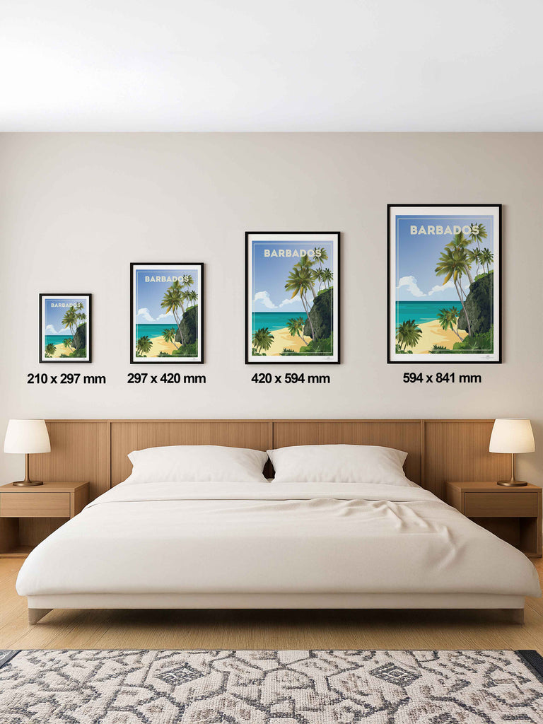 Barbados Travel Poster Print beach cliff clouds coast exotic framed greenery horizon jungle new ocean palm paradise sand sea shoreline sky trees tropical