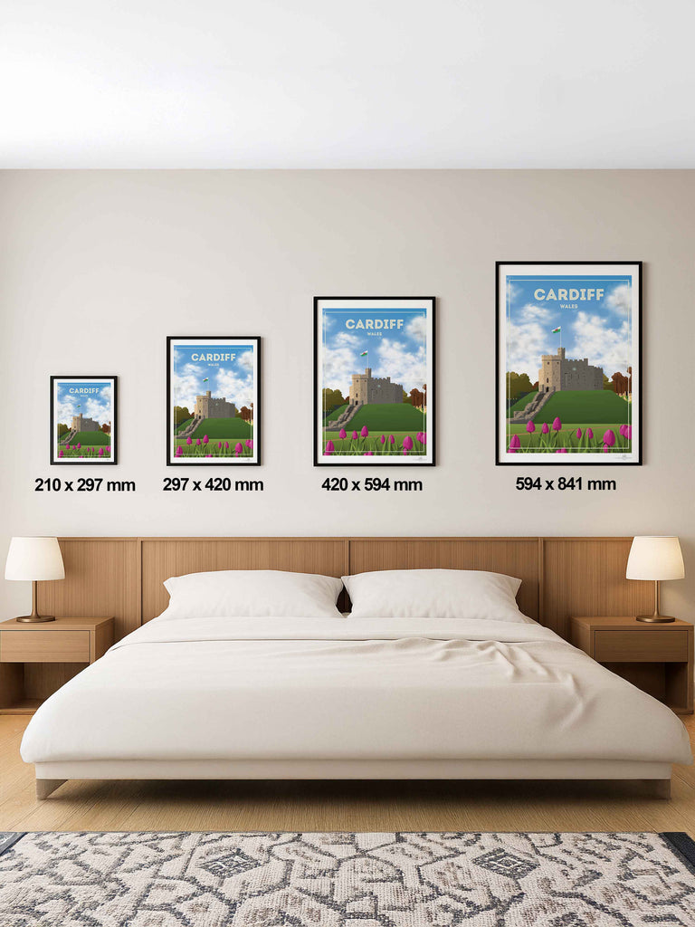 Cardiff Wales Travel Poster Print architecture cardiff castle clouds flag flowers fortress framed grass heritage hill historic landmark medieval new sky stone tower tulips welsh