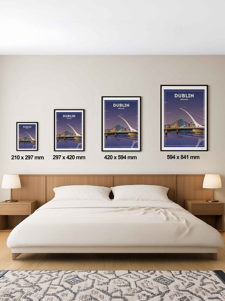 Dublin Ireland Travel Poster Print architecture bridge cables cityscape dublin evening framed illuminated ireland landmark lights modern new night reflection river skyline stars urban waterfront