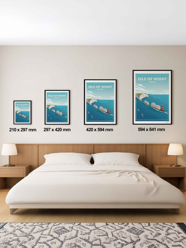 Isle of Wight England Travel Poster Print birds boats cliffs clouds coast coastline England framed headland isle lighthouse nature nautical new ocean rocks sea sky United Kingdom water waves wight
