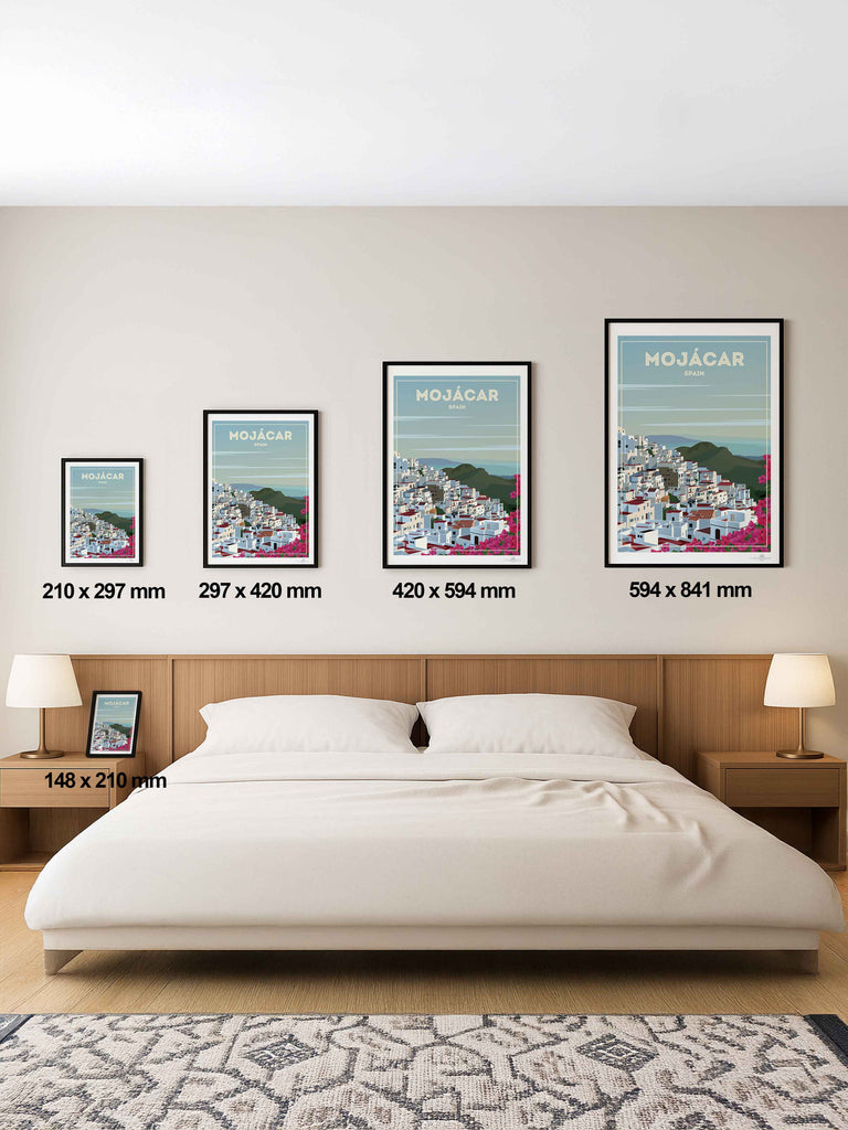 Mojácar Spain Travel Poster Print architecture bougainvillea coastal flowers framed hillside houses mediterranean mojacar mountains new pink rooftops scenic sky sunlight town village white