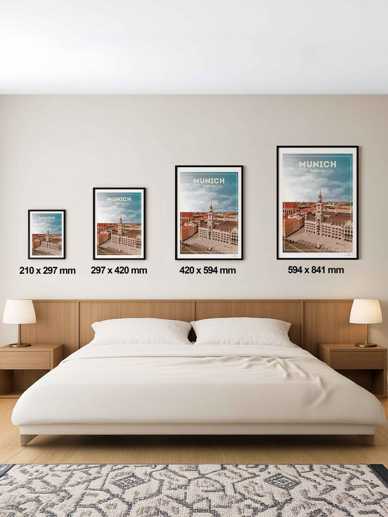 Munich Germany Travel Poster Print aerial architecture buildings cathedral cityscape clocktower clouds Europe european framed Germany historic landmark munich new old plaza rooftops skyline spire square tower
