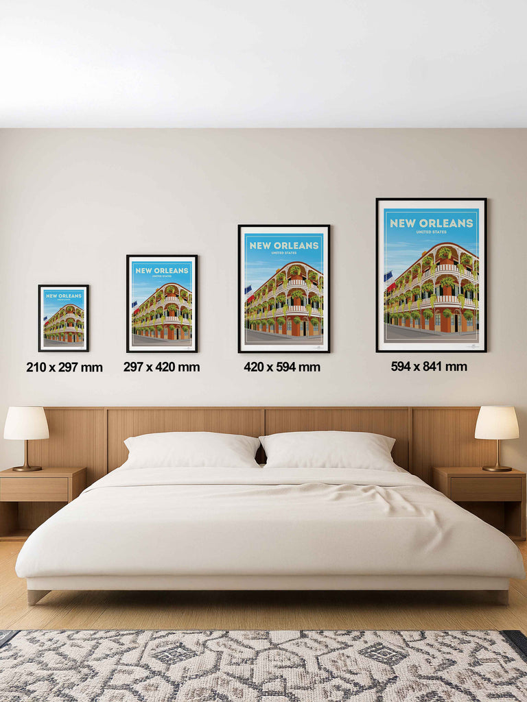 New Orleans United States Travel Poster Print architecture balcony building cityscape colonial corner ferns flag framed french historic new orleans plants quarter railings shutters street United States vintage windows