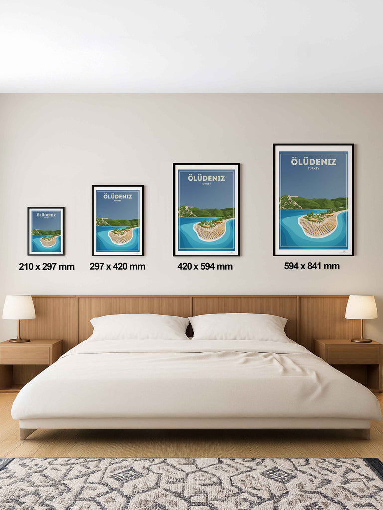Oludeniz Turkey Travel Poster Print bay beach coastline framed greenery hills lagoon mountains new ocean oludeniz resort sand sea shoreline sunbeds tropical umbrellas water