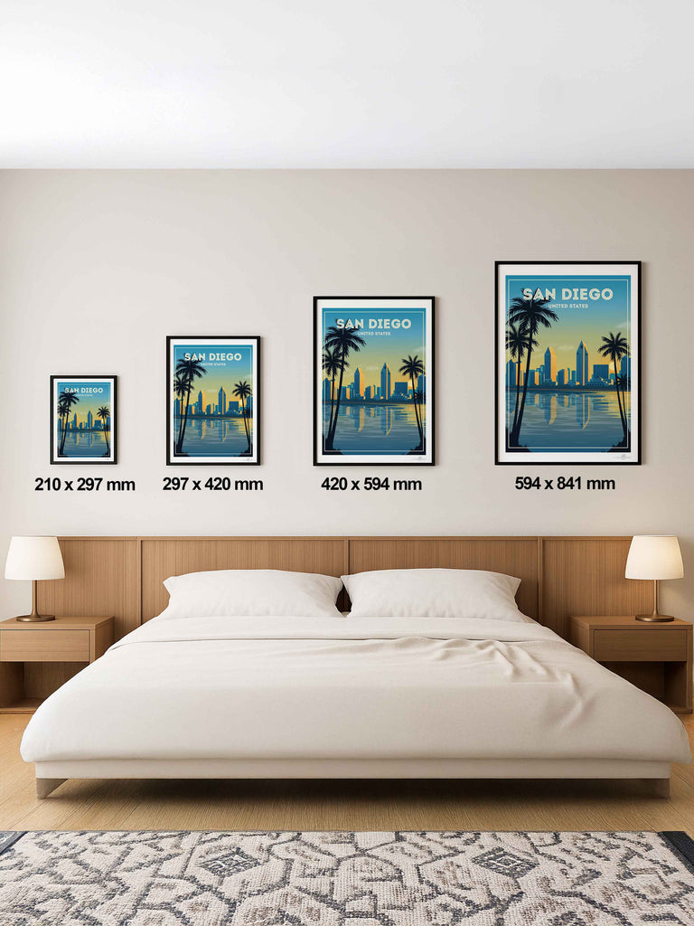 San Diego United States Travel Poster Print buildings cityscape coastal framed gradient illustration modern new ocean palm reflection silhouette skyline skyscrapers sunset trees twilight urban water waterfront