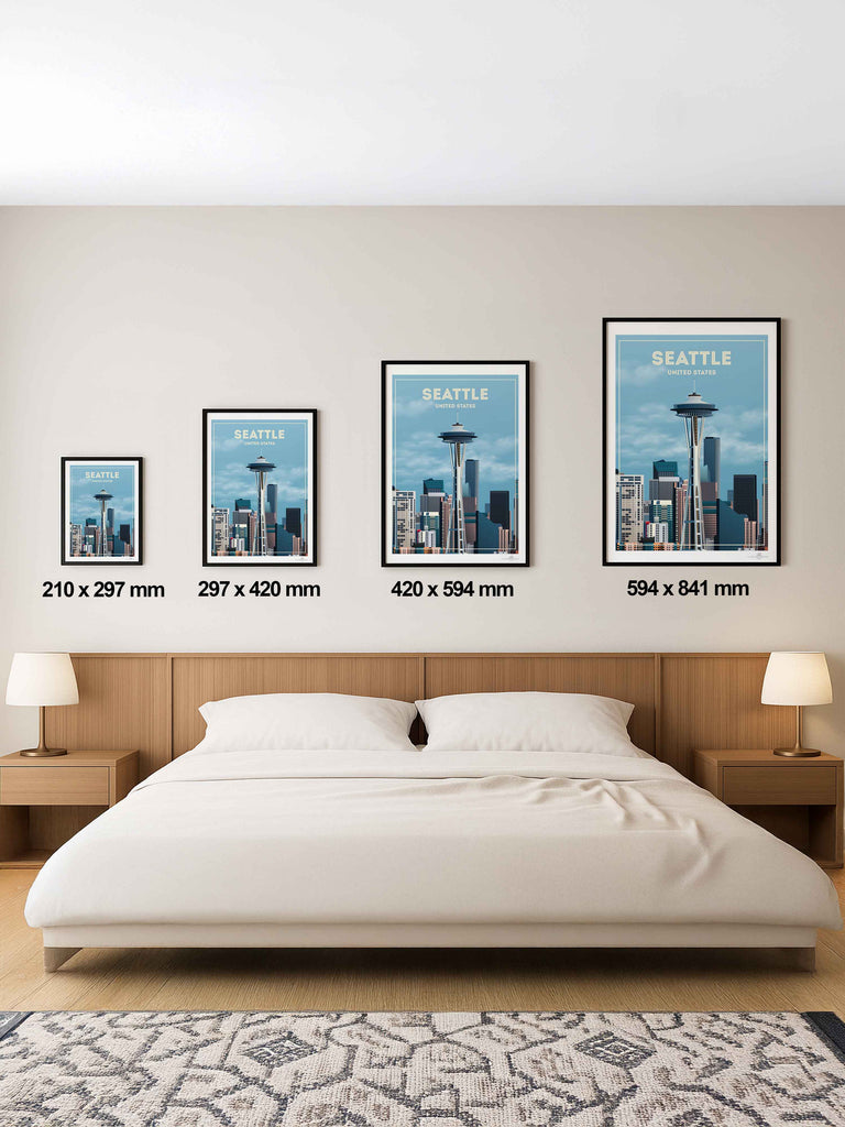Seattle United States Travel Poster Print architecture buildings cityscape clouds downtown framed landmark metropolitan modern new seattle sky skyline skyscrapers spaceneedle states tower united urban usa