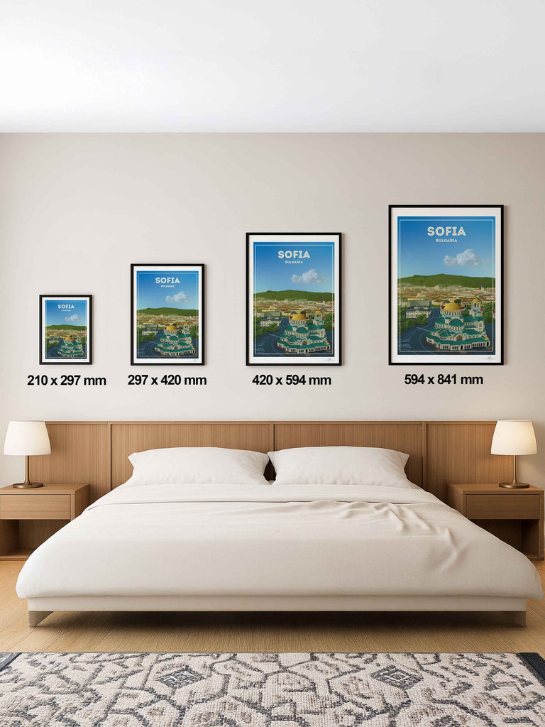 Sofia Bulgaria Travel Poster Print architecture bulgaria capital cathedral church cityscape clouds domes Europe framed gold green hills historic landmark mountains new orthodox skyline sofia square