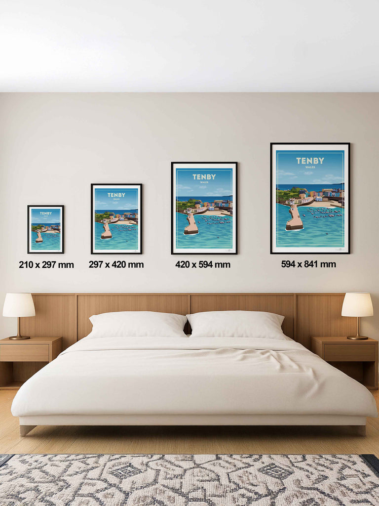 Tenby Wales Travel Poster Print boats buildings cliffs coastline colourful framed harbour headland houses marina new ocean pier sea seaside sky tenby town Wales water