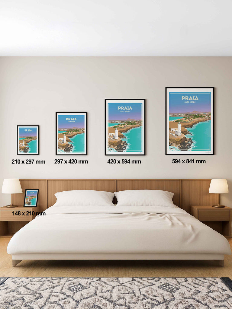 Praia Cape Verde Travel Poster Print beach decor bedroom wall art birthday present calming wall art cape verde cape verde art coastal wall art framed gift idea housewarming gift lighthouse print living room art minimalist decor modern art print new office decor pastel colour art praia cape verde travel poster print praia poster sea view poster travel home decor travel poster turquoise sea with pastel blue and lavender sky