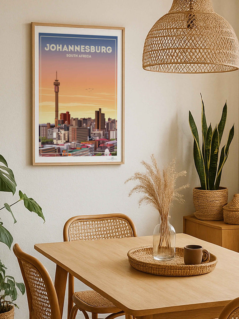 Johannesburg South Africa Travel Poster Print architecture bedroom wall art birthday gift bougainvillea cityscape wall art coastal contemporary art flowers framed hillside houses housewarming gift johannesburg poster living room art mediterranean modern illustration mojacar mountains new office decor pink premium art print rooftops scenic sky South Africa south africa print sunlight sunset skyline art town travel poster travel wall art urban decor village white world cities poster