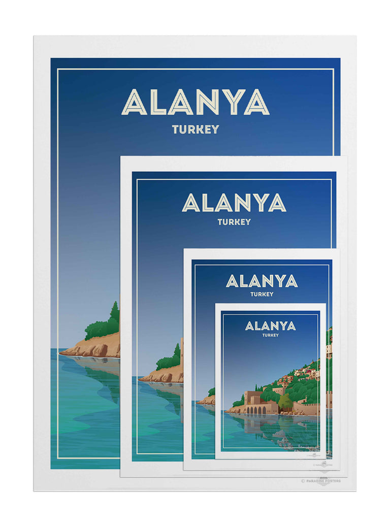 Alanya Castle Paradise Posters Travel Poster Print architecture blue castle coast fortress framed greenery hillside historic houses mediterranean new reflection sea shoreline sky towers Turkey walls water
