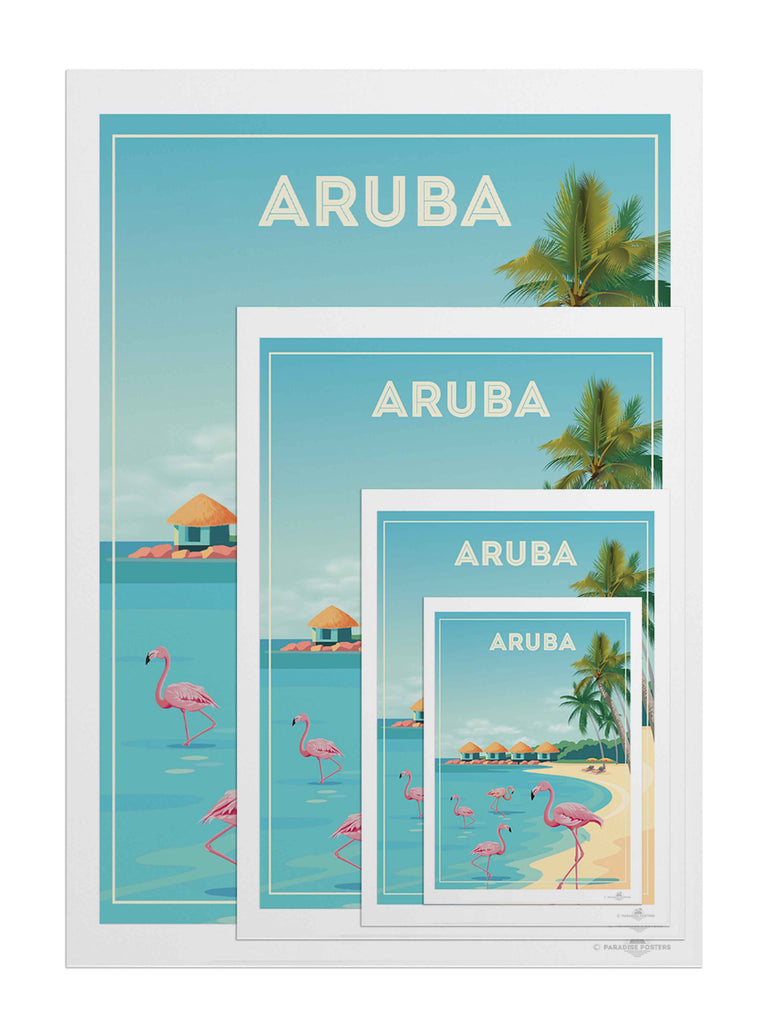 Aruba Travel Poster Print aruba Caribbean coast exotic flamingos framed huts lagoon new ocean palm paradise resort sand shoreline sunbeds trees tropical umbrellas water