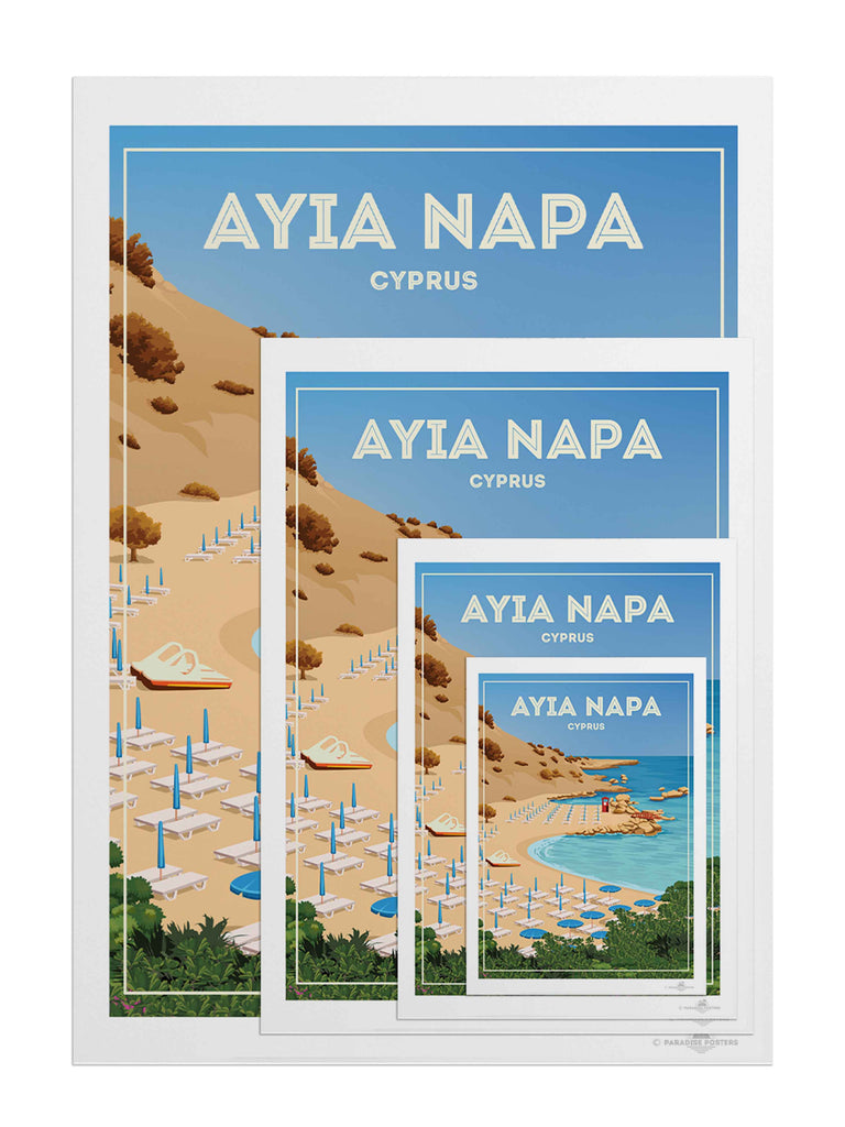 Ayia Napa Cyprus Travel Poster Print ayia bay beach cliffs coast framed greenery hut lifeguard napa new ocean resort rocks sand sea shoreline summer sunbeds umbrellas