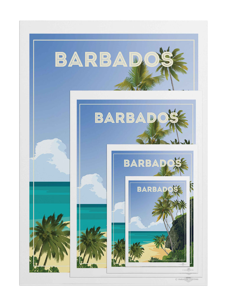 Barbados Travel Poster Print beach cliff clouds coast exotic framed greenery horizon jungle new ocean palm paradise sand sea shoreline sky trees tropical