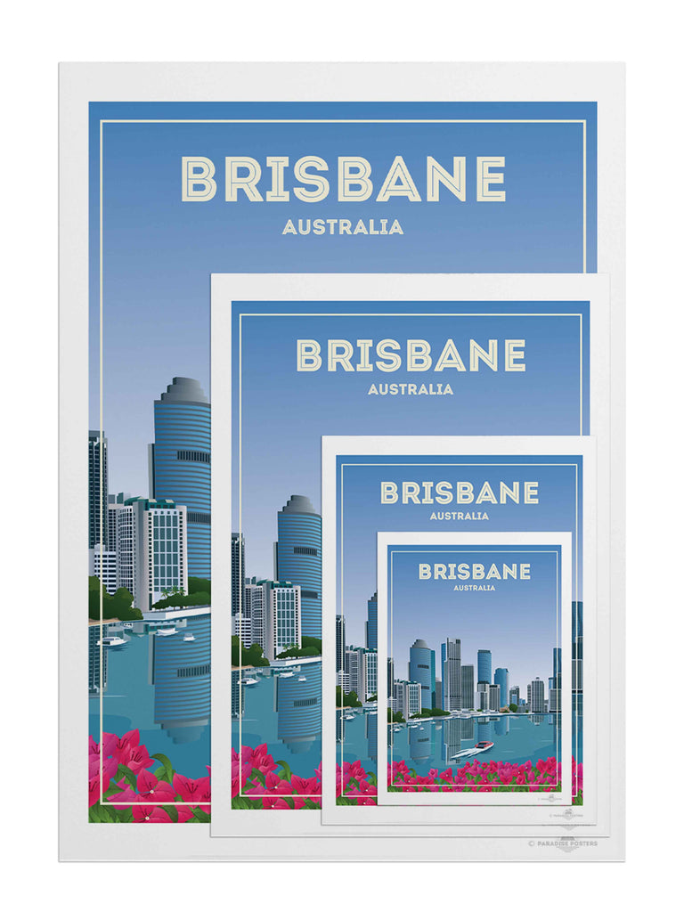Brisbane Australia Travel Poster Print architecture blue boat brisbane buildings cityscape flowers framed modern new pink reflection river skyline skylineview skyscrapers tropical urban waterfront