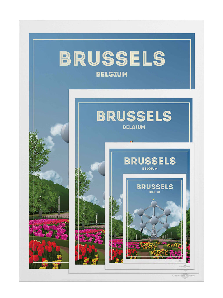 Brussels Belgium Travel Poster Print architecture atomium Belgium brussels clouds Europe flowers framed gardens iconic landmark modern monument new park sculpture sky spheres structure tourism trees tulips