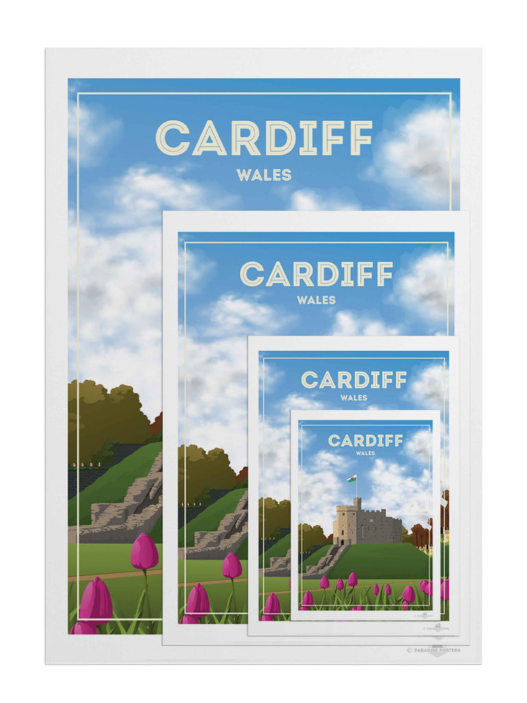 Cardiff Wales Travel Poster Print architecture cardiff castle clouds flag flowers fortress framed grass heritage hill historic landmark medieval new sky stone tower tulips welsh