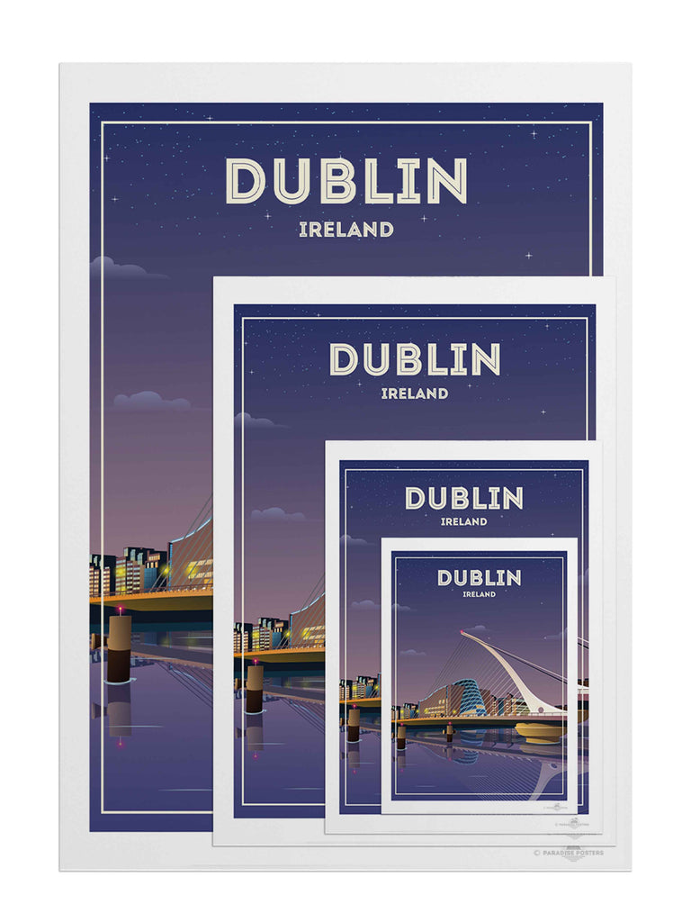 Dublin Ireland Travel Poster Print architecture bridge cables cityscape dublin evening framed illuminated ireland landmark lights modern new night reflection river skyline stars urban waterfront