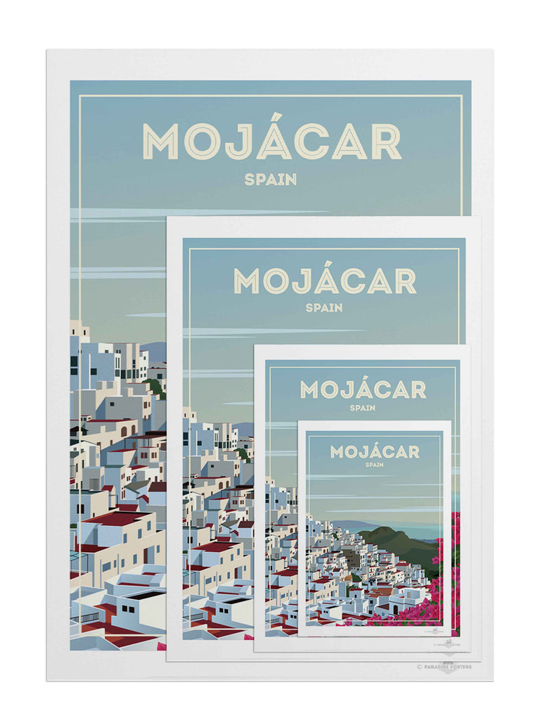 Mojácar Spain Travel Poster Print architecture bougainvillea coastal flowers framed hillside houses mediterranean mojacar mountains new pink rooftops scenic sky sunlight town village white